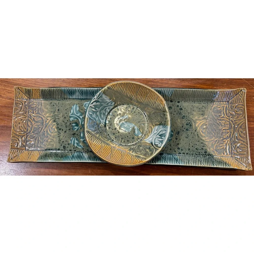 Brown Bear Pottery Z Ingram 2023 Teal Brown Stoneware Tray and‎ Bowl Set 2pc
